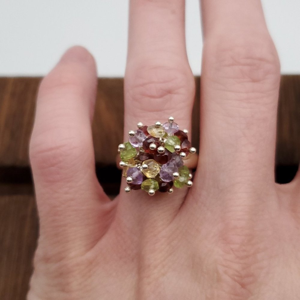 Size 8 925 Sterling Silver Citrine Peridot Amethyst Garnet Cluster Rustic Ring